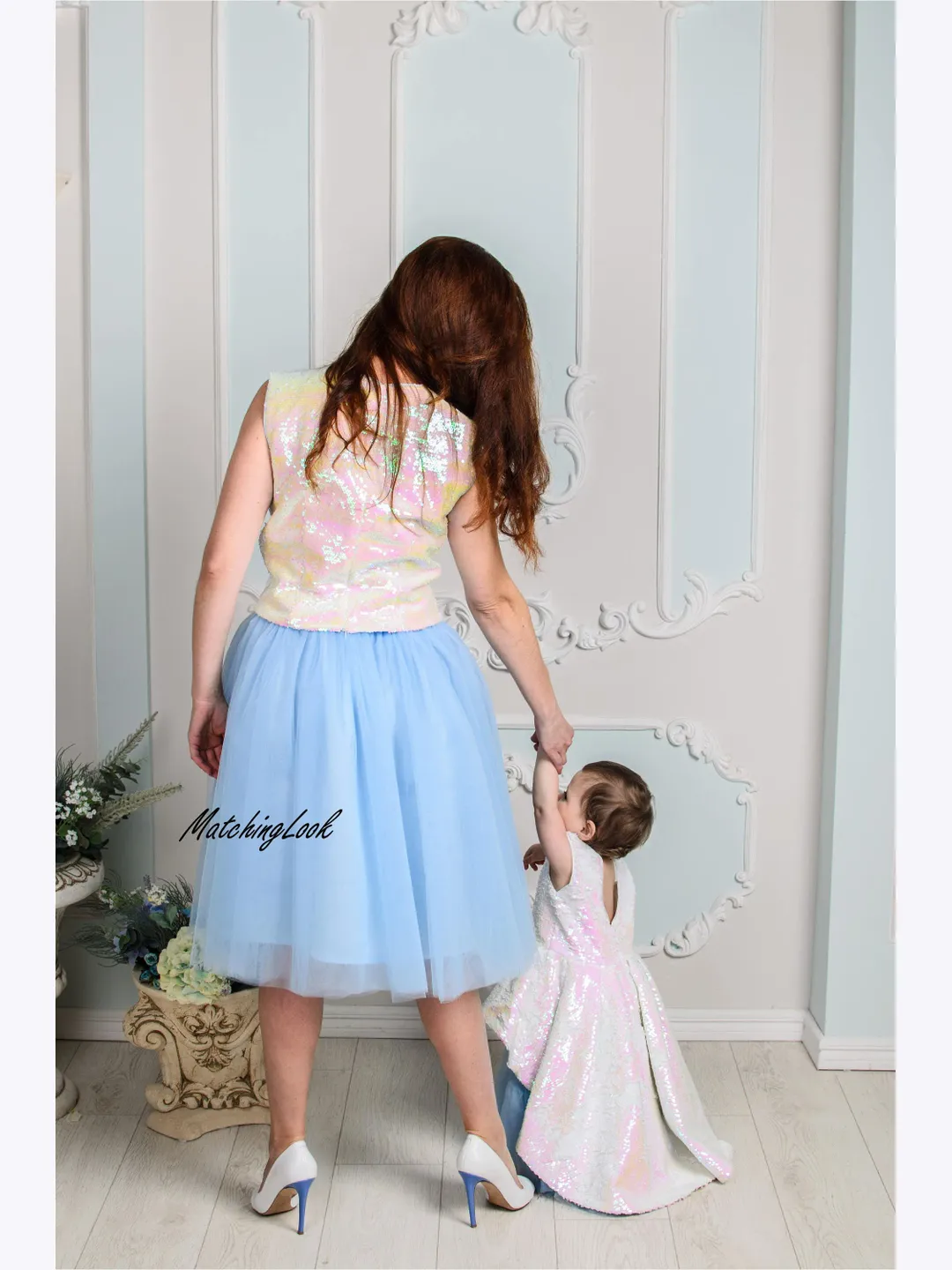 Pink Blue Mother Daughter Matching Dress, Tulle Mommy and Me Outfit, Mommy and Me Tutu Dress, Birthday Party Wedding Reversible Sequin Dress