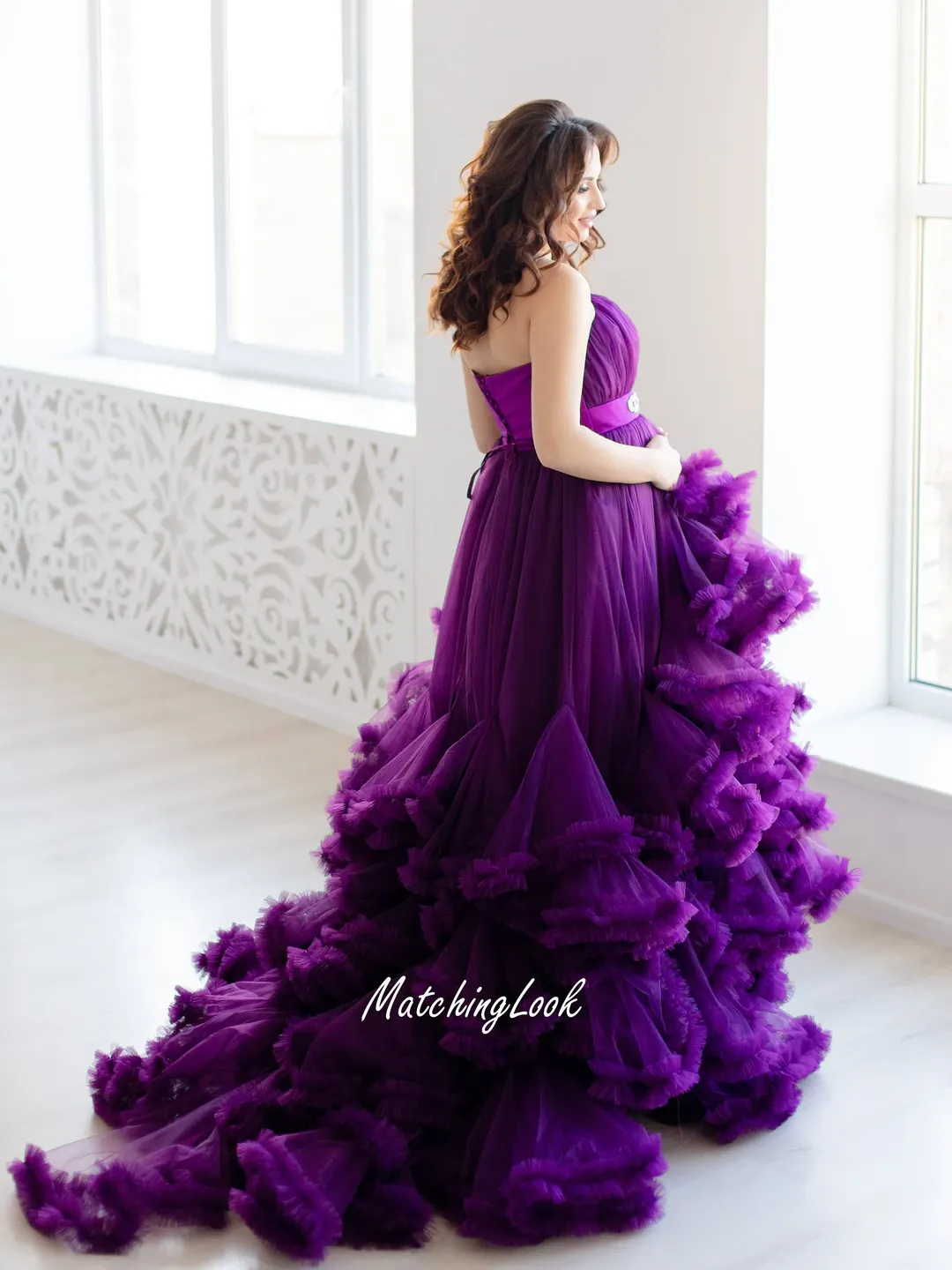 purple tulle maternity dress Momyknows Purple Grenadine Tulle Off Shoulder Ruffle Flare Sleeve Baby Shower Photoshoot Maternity Dress, Purple / S