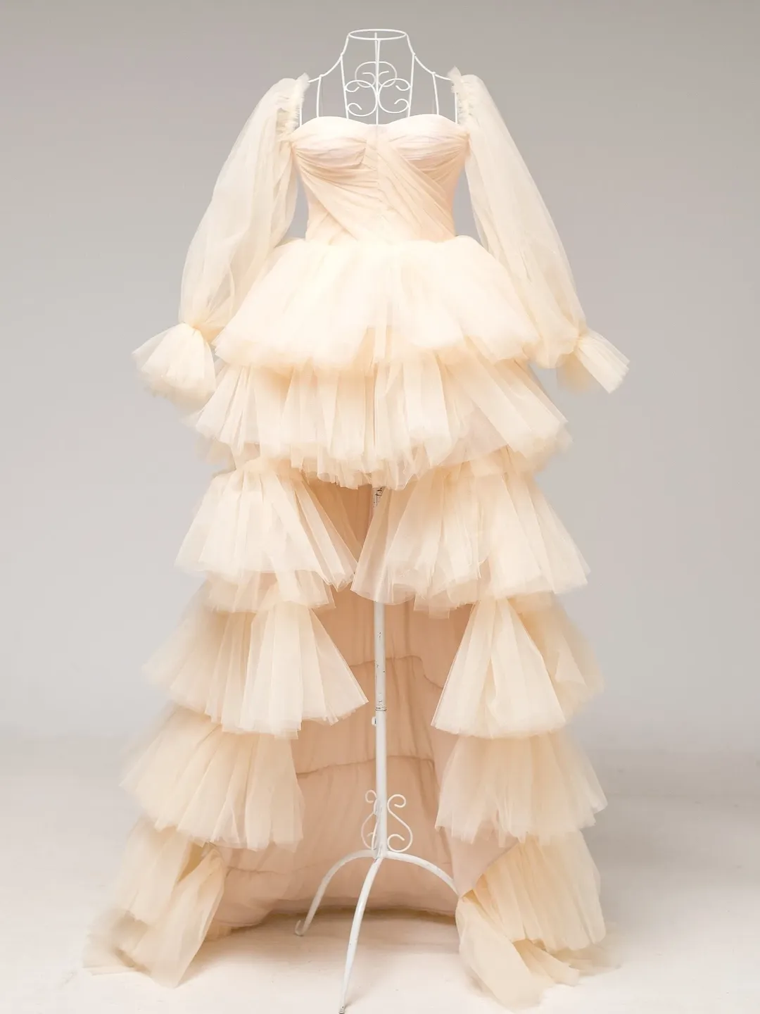 Champagne Wedding Dress, High Low Dress, Tiered Tulle Gown, Dress With Train, Ruffle Bridal Dress, Fall Wedding Dress, Asymmetrical Dress