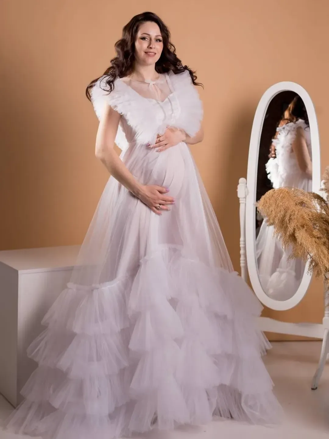 maternity dress for baby shower Puffy Ruffles Maternity Gowns for Photoshoot Pregnancy Photography D 24W / Picture Color main image 0