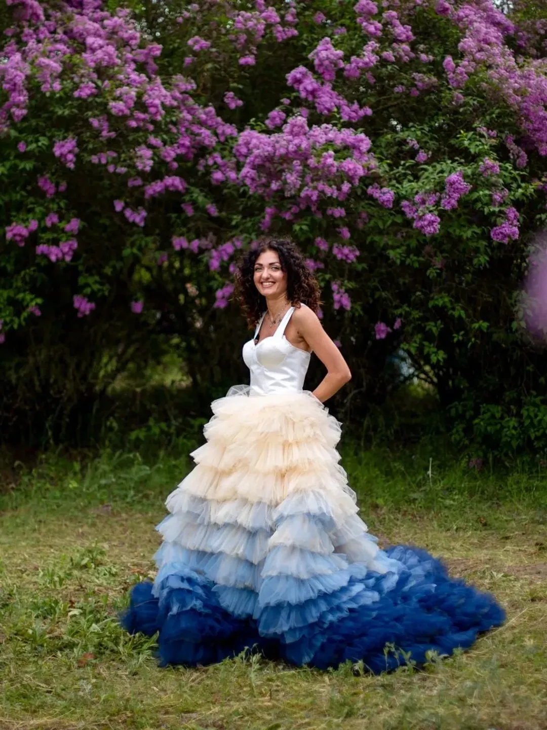 open lace back dress Off the Shoulder Blue Purple Ombre Tulle Prom Dresses, Blue Purple Omb   jbydress