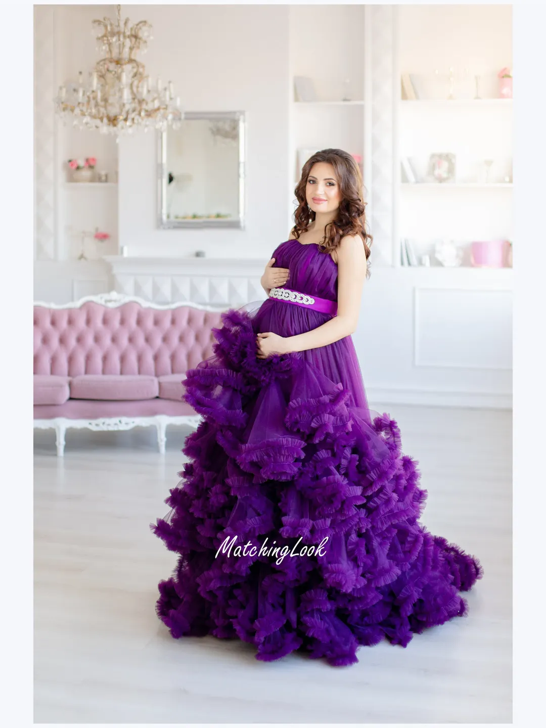 Purple Maternity Gown, Photoshoot Dress, Tulle Ruffle Dress, Elegant Dress, Matching Mother and Daughter Dress, Special Occasion Dress