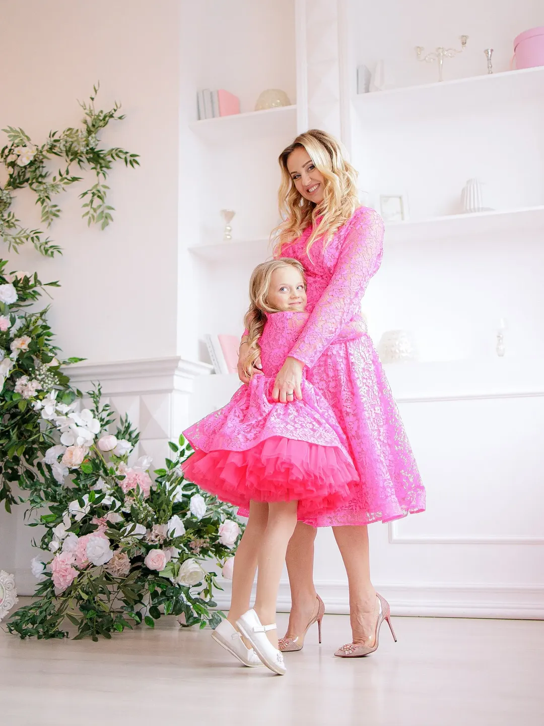 Mommy And Me Matching Dress, Hot Pink Matching Outfit, Lace Flower Dress, Mother And Daughter Dress, Flower Girl Dress, Birthday Tutu Dress