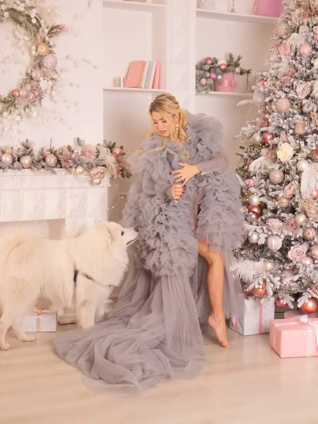 Grey Ruffled Maternity Robe, Silver Tulle Long Robe, Photoshoot Dress, Boudoir Tulle Dress, Tiered Cape, Maternity Dress, Peignoir Robe