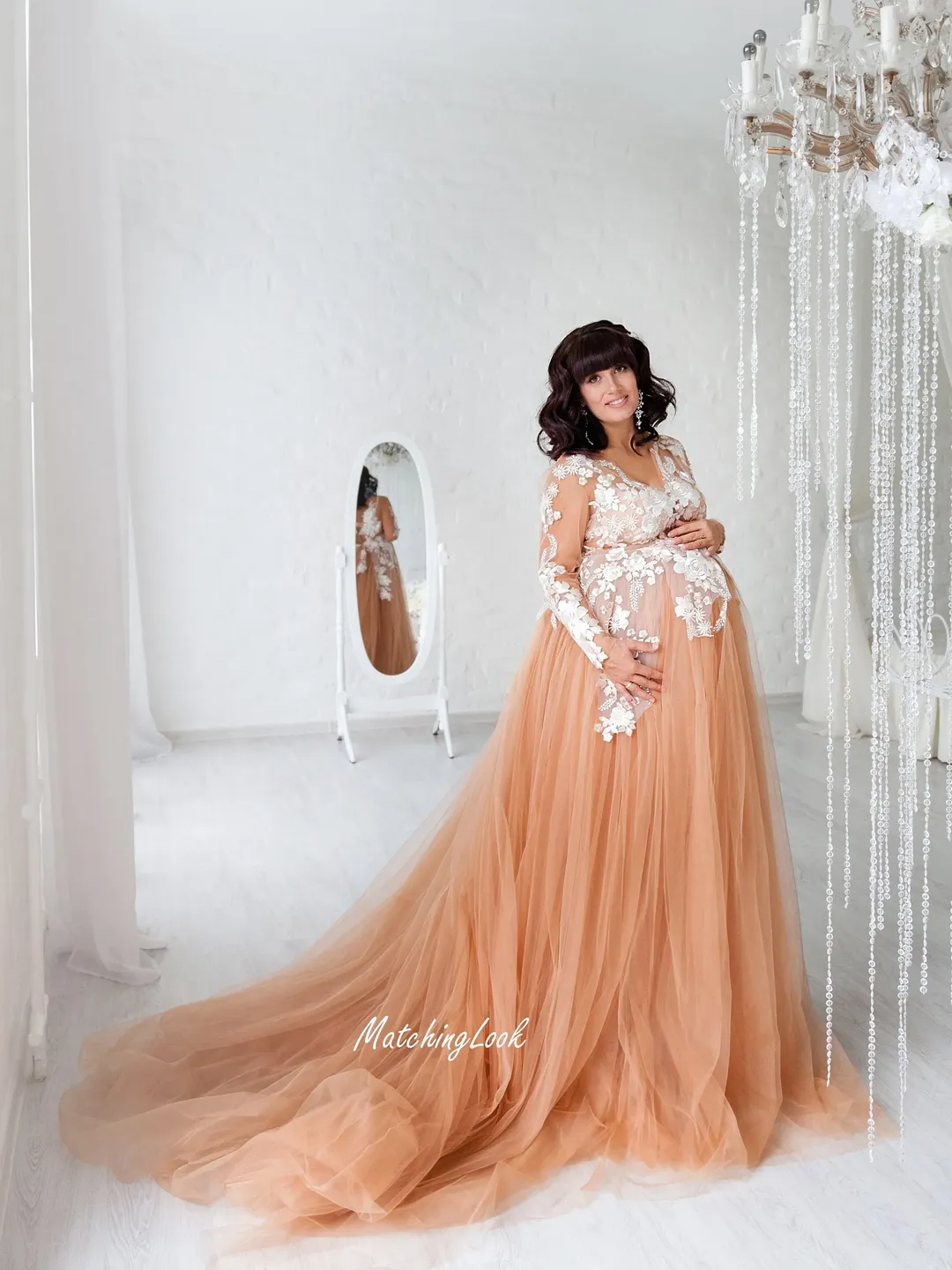 Nude Maternity Dress With Train, Photoshoot Dress, Tulle Maxi Gown, Nude Formal  Dress, Pregnancy Photoshoot Dress, Long Sleeve Dress, Lace