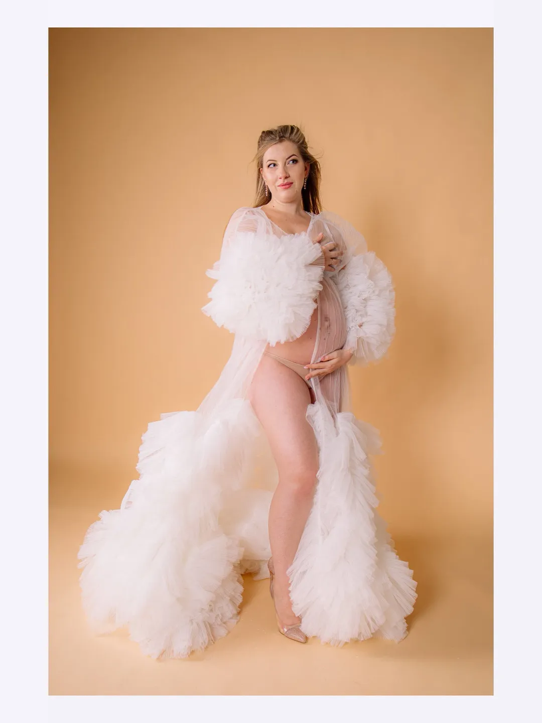 White Maternity Robe, Long Bridal Robe, Photoshoot Robe, Boudoir Tulle Robe Dress, Pregnancy Gown Robe, White Sheer Robe, Ruffle Bridal Robe