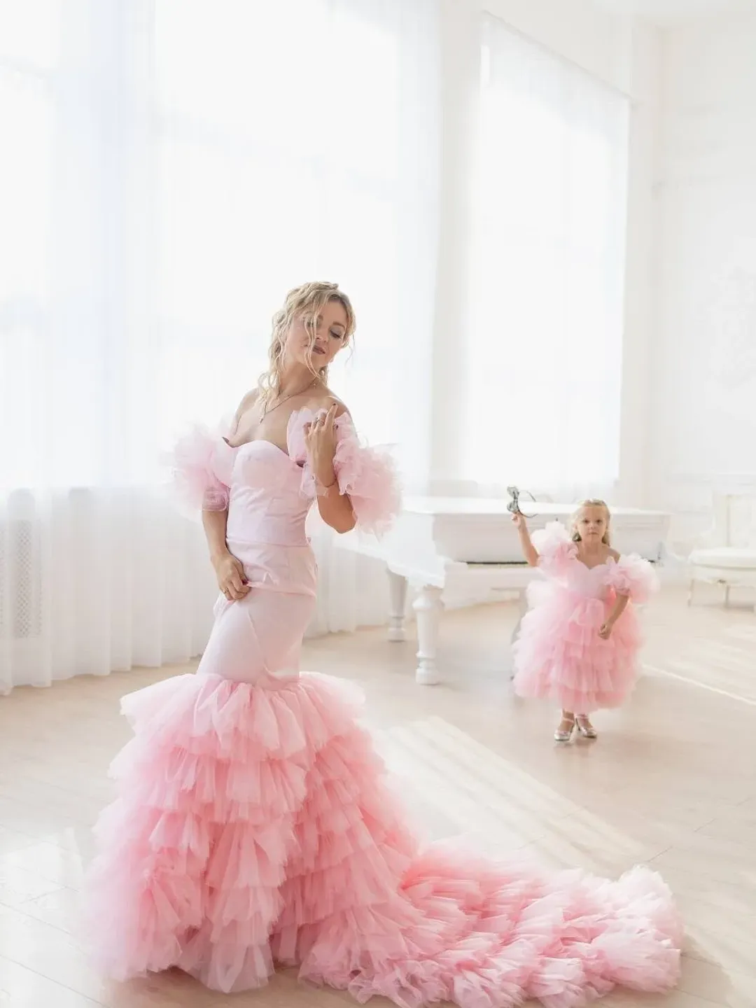 Pink Wedding Dresses, Mommy and Me Photoshoot Dress, Tulle Ruffle Gowns, Matching Pink Princess Dresses, Special Occasions, Mermaid Dresses