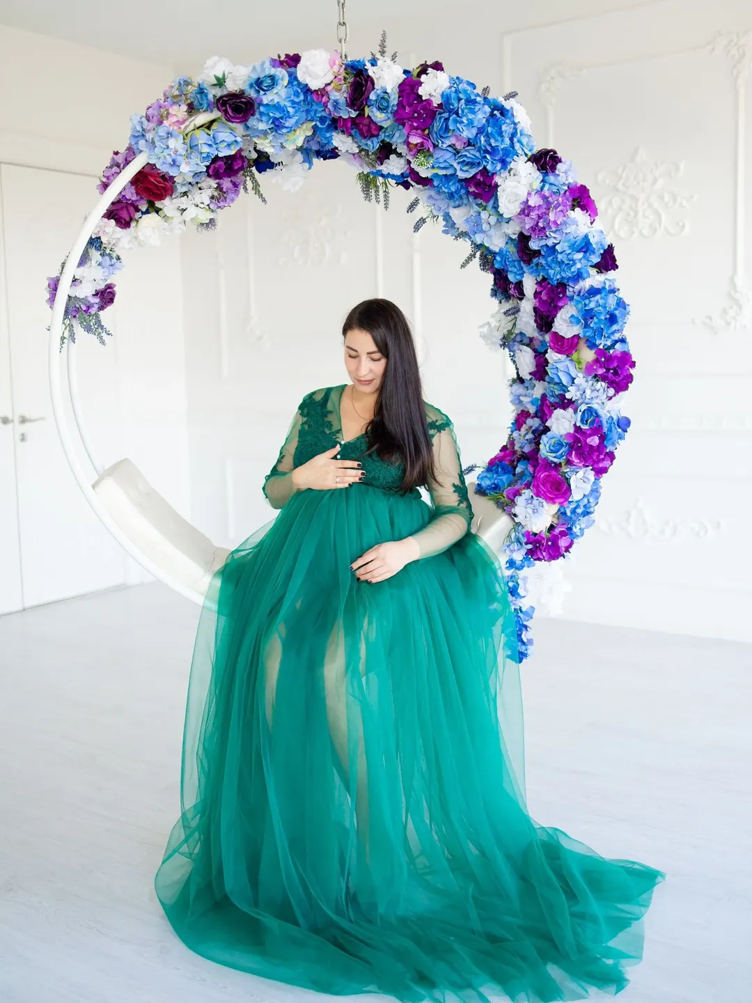 Emerald Green Dress, Tulle Maternity Dress, Maternity Robe, Pregnancy Lace Dress, Mom To Be Photoshoot, Tulle Maternity Gown for Photoshoot
