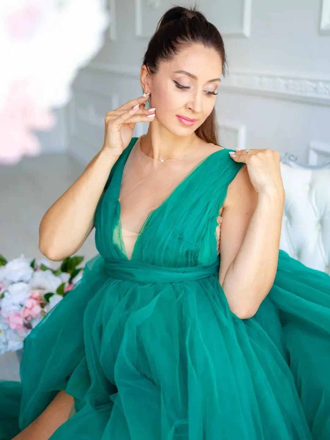 green emerald velvet dress V Neck Elegant Long Sleeve Lace Evening Gown Maternity Dress 14 / Turquoise