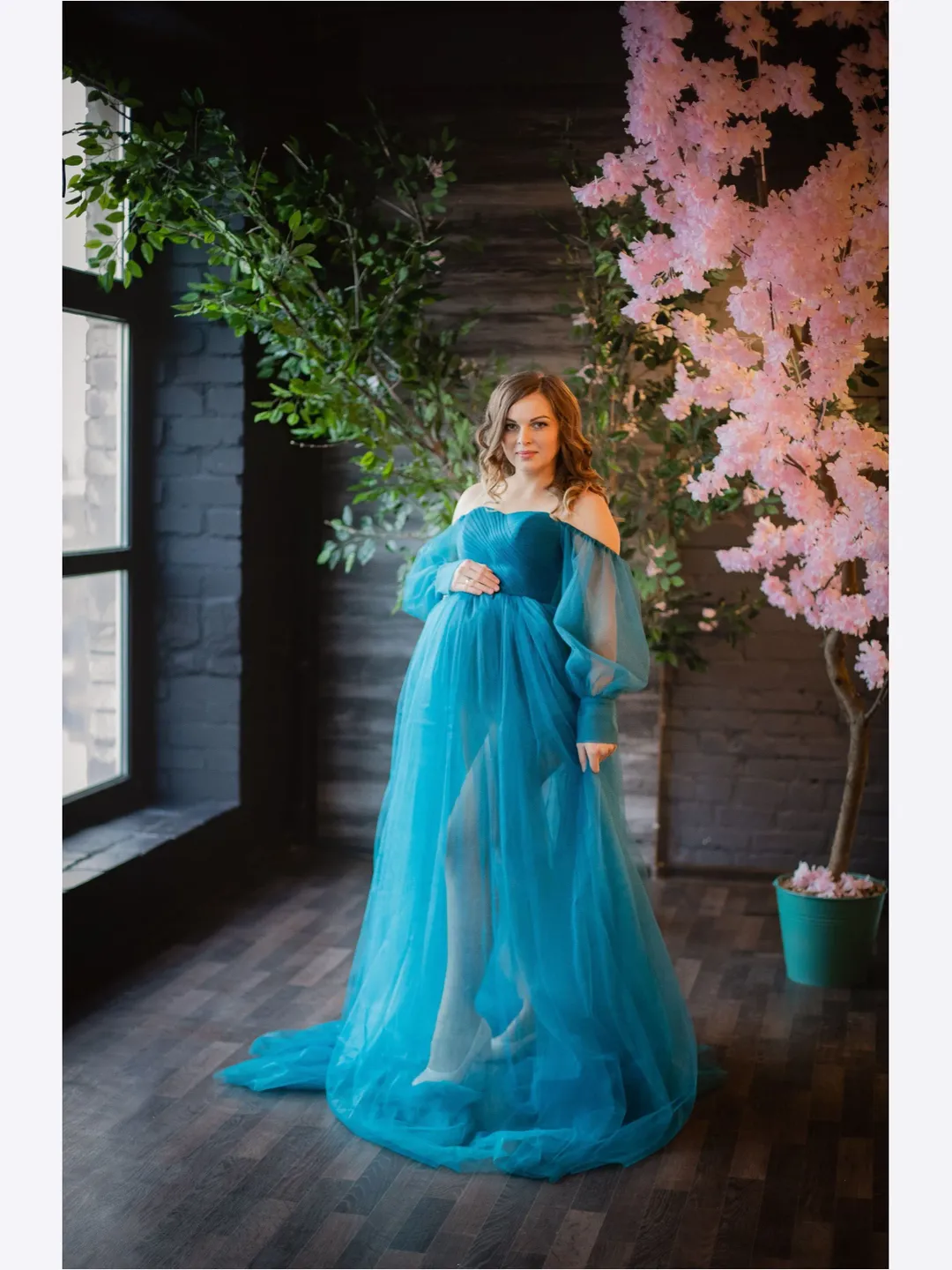 Petrol Tulle Maternity Dress, Teal Maternity Dress, Pregnancy Gown for Photoshoot, Off Shoulder Gown, Maternity Photoshoot Dress,Extravagant