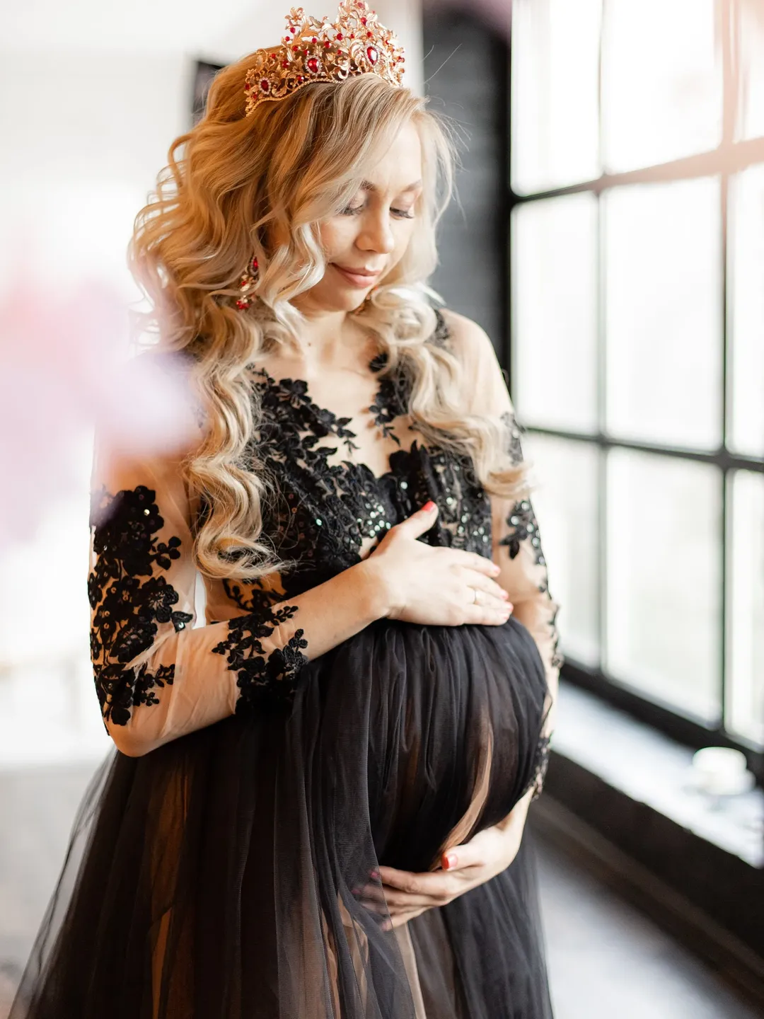 Photoshoot Black Lace Maternity Gown Tulle Maternity Dress For Photoshoot, Black  Lace Maternity Dress