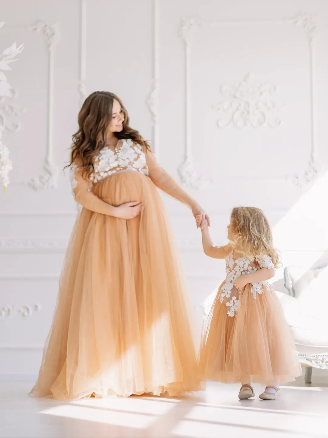 Beige Mommy and Me Maternity Dress, Matching Photoshoot Dress, Empire Waist  Dress, Nude Maternity Gown, Pregnancy Lace Dress, Girl Dress