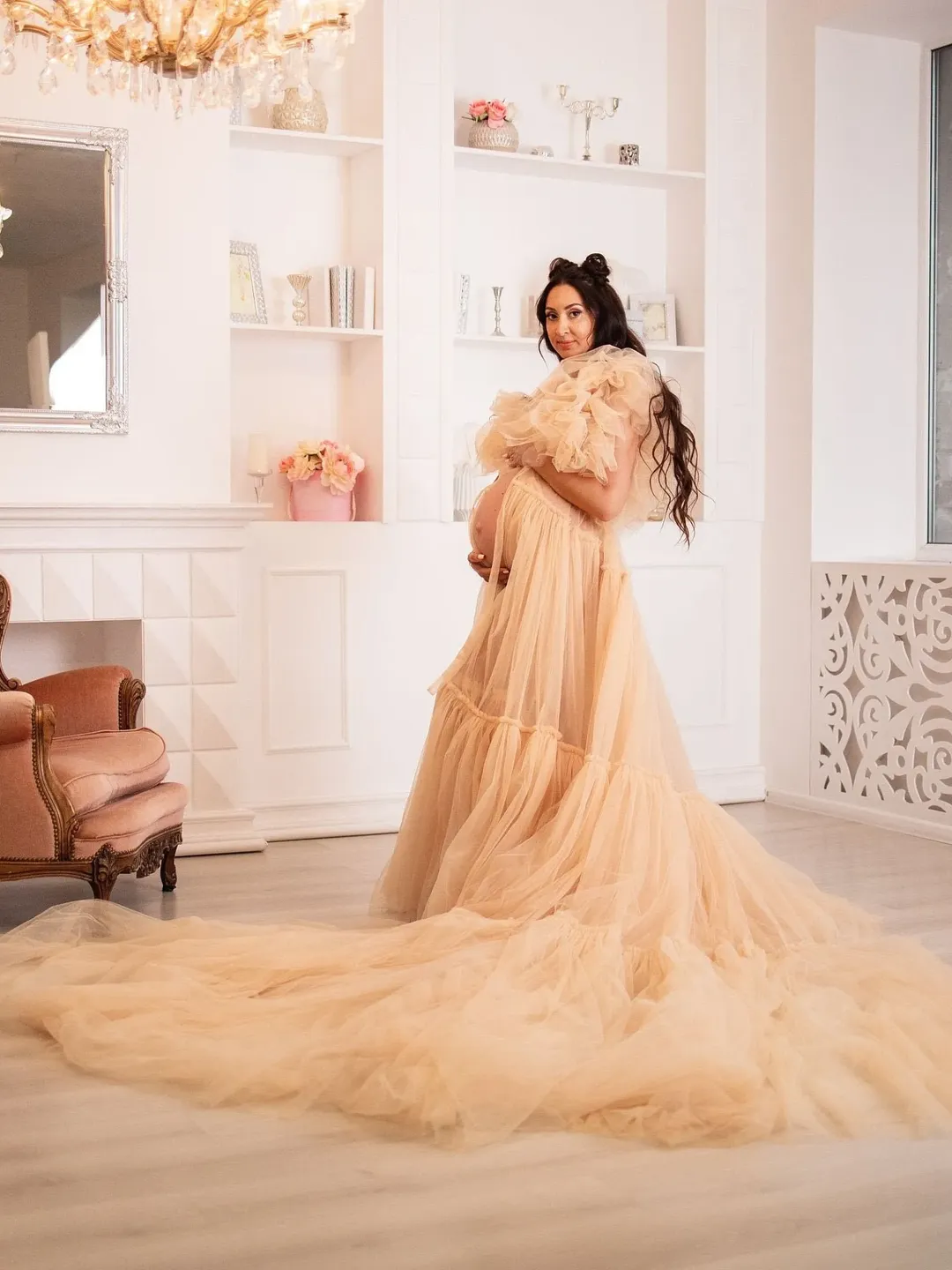 Beige Maternity Tulle robe, Boudoir Photoshoot Dress, Maternity Tulle Gown, Pregnancy Boudoir Robe, Long Bridal Robe, Engagement Photoshoot