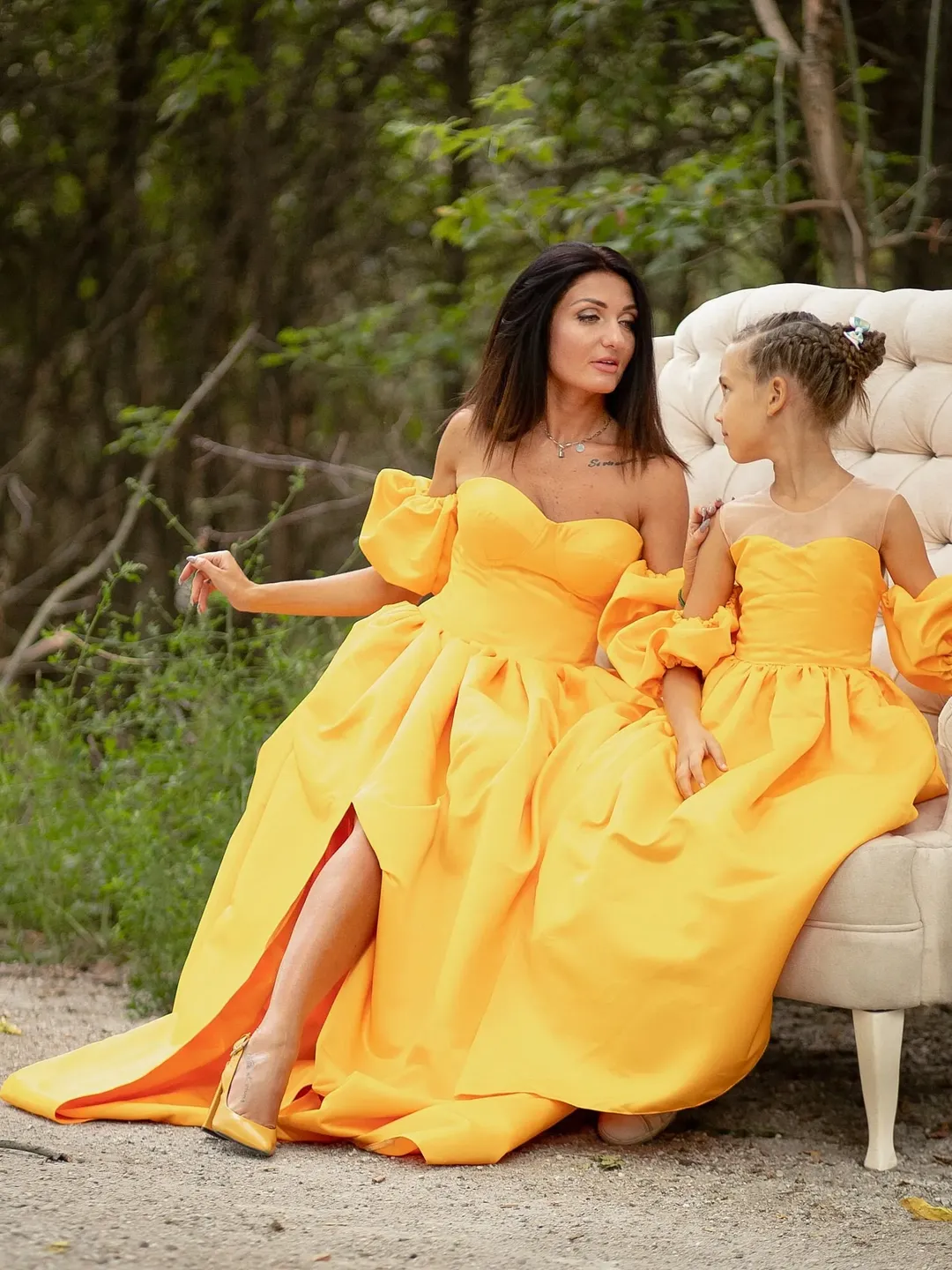 Orange Matching Gowns, Mommy and Me Dress, Matching Glamour Dress, Satin Formal  Dress, Mother And Daughter Outfits, Summer Photo Shoot Gown