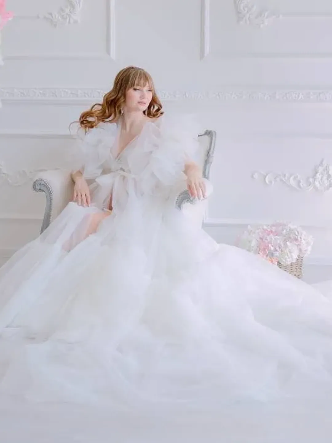 Maternity Tulle Robe, White Maternity Robe, Boudoir Photoshoot Dress, Pregnancy Boudoir Robe, White Sheer Robe, Elegant Long Bridal Robe