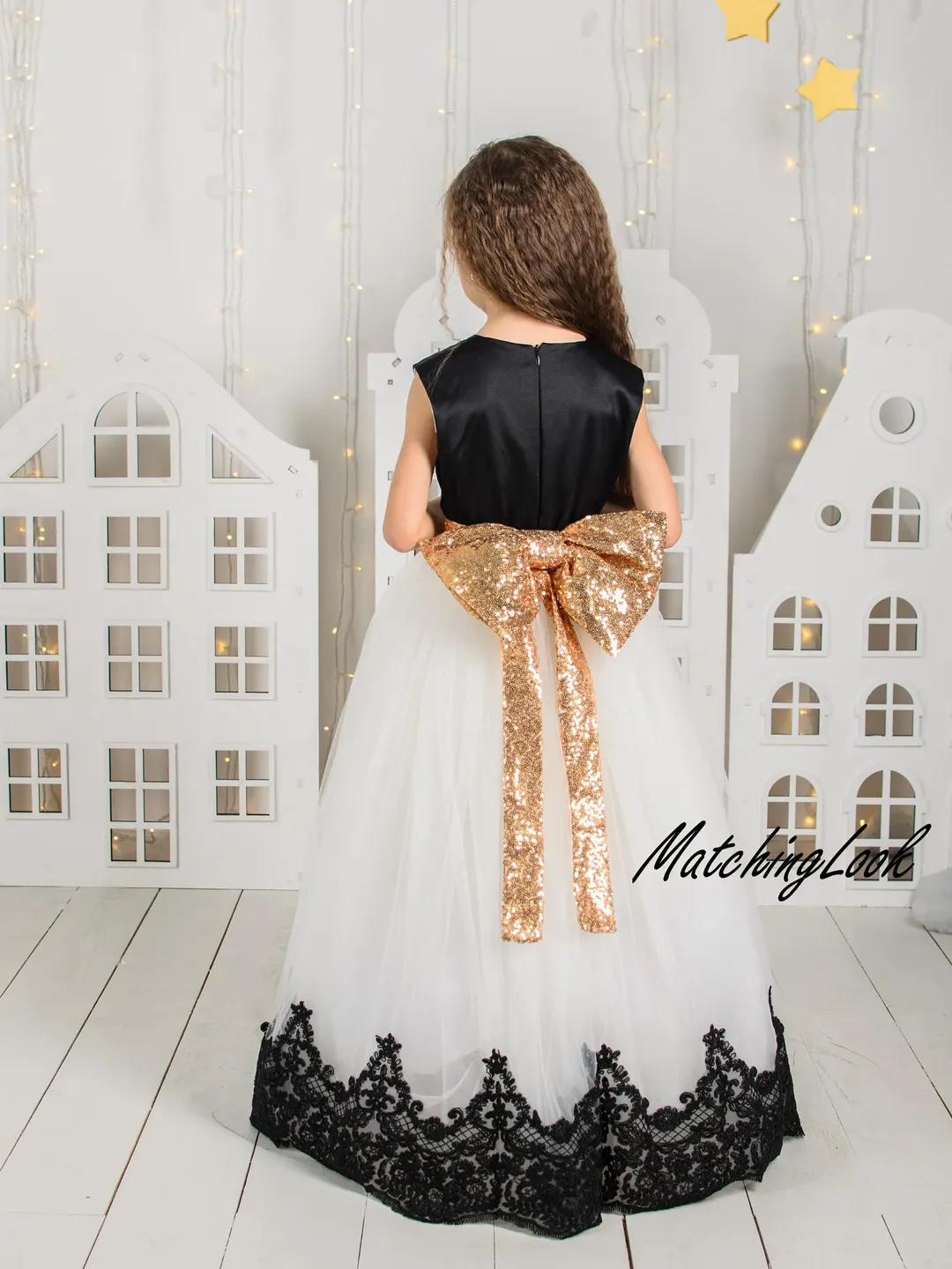black and gold flower girl dresses Long Sleeves Gold Sequin Black Satin V Back Flower Girl Dress 9T main image 1