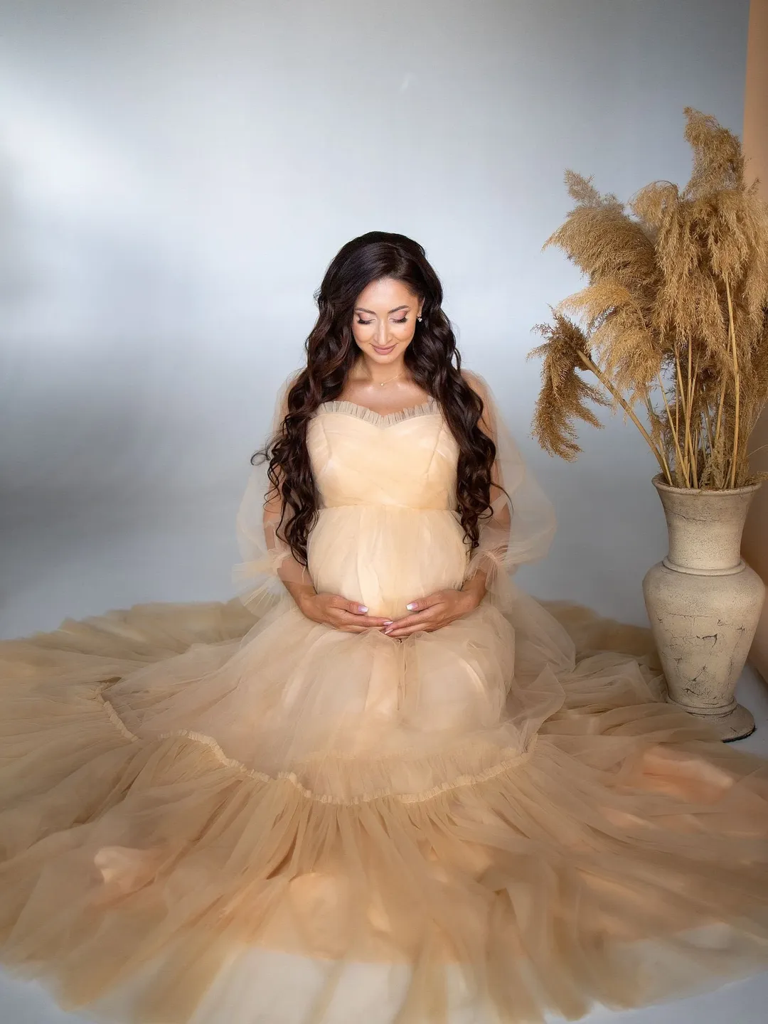 Beige Maternity Baby Shower Dress, Tulle Maternity Dress For Photoshoot, Pregnancy Gown, Maternity Gown, Maternity Dress with Sleeves