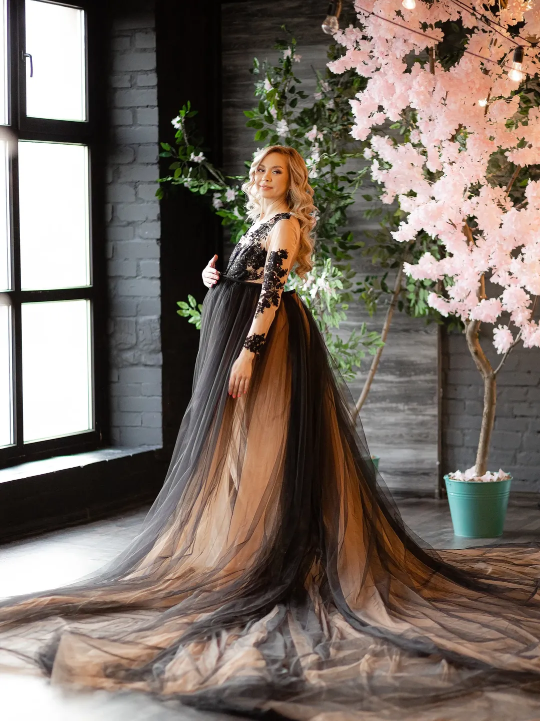 black lace maternity dress photoshoot Priscilla Lace Long Sleeve Maternity Gown