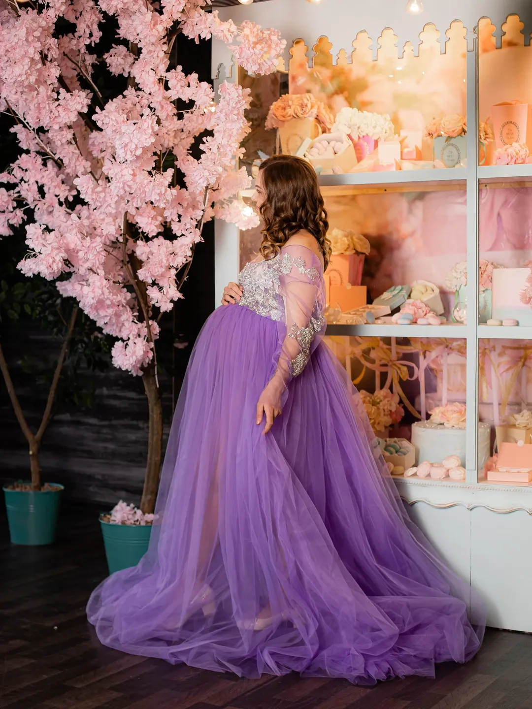 Lavender Maternity Gown, Pregnancy Dress, Maternity Photoshoot Dress, Purple Sheer Gown, Off Shoulder Dress, Maternity Photoprops Dress