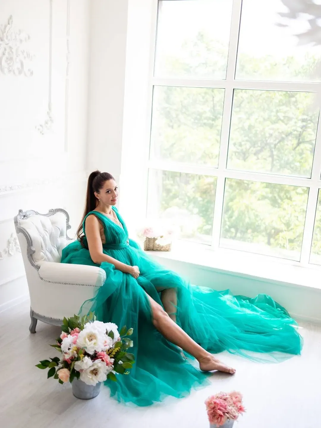 Emerald Green Maternity Dress, Photoshoot Dress, Empire Waist Boho Dress,  Mom To Be Dress, Tulle Gown, Maternity Boho Dress, Pregnancy Dress