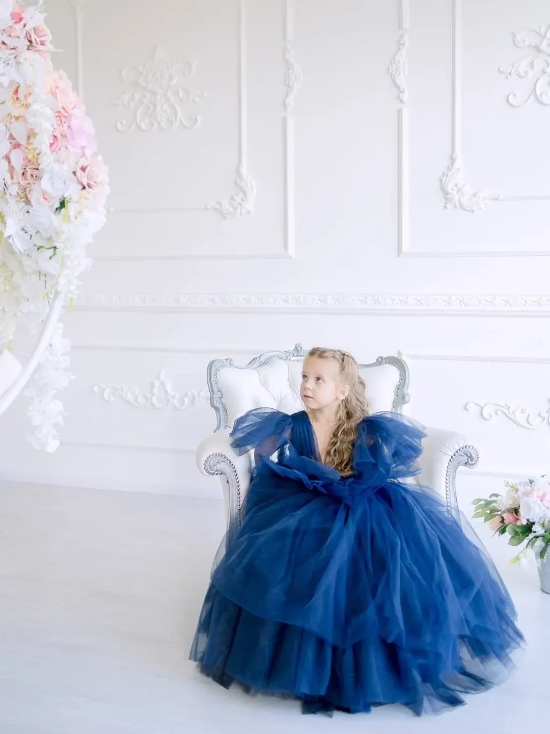 Navy Tulle Girl, Baby Girl Tutu Dress, Puffy Sleeves Dress, Blue Maxi Tulle Dress, Toddler Dress, 1st Birthday Dress, Fairytale Dress