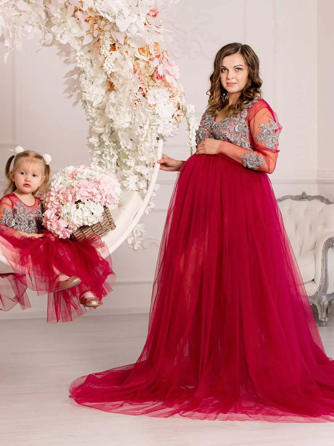 Dark Red Matching Maternity Dress, Tulle Maternity Dress, Matching Maternity Mommy And Me Dress, Photoshoot Dress, Outfit Mother Daughter