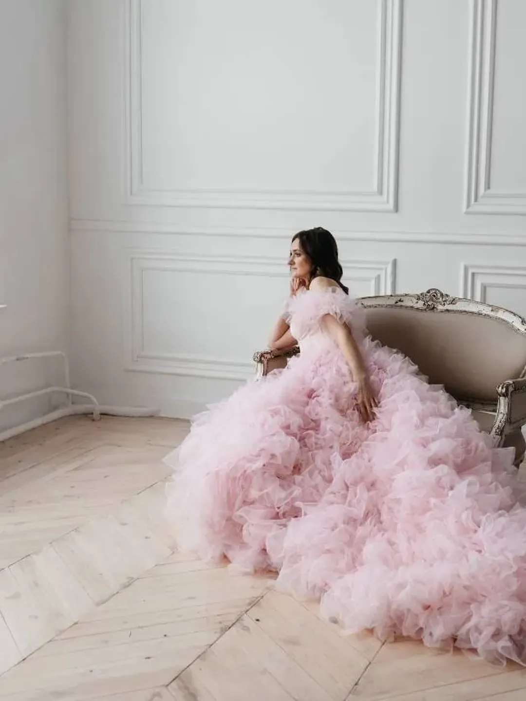 pink and gray wedding dress Ball Gown Grey tulle with Pink Lace Appliqued Long Sleeves Quinceanera Dresses APD2719