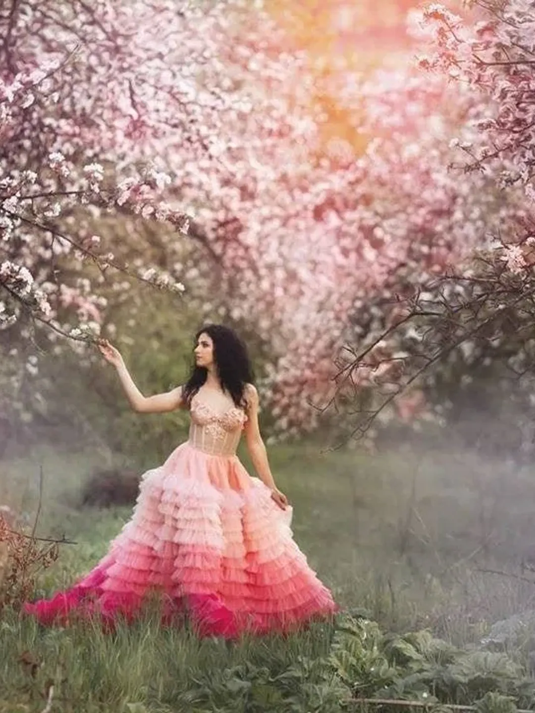 Pink Tiered Tulle Gown, Photoshoot Dress, Pink Wedding Dress, Corset  Evening Gown, Boho Wedding Dress, Princess Dress, Extravagant Dress
