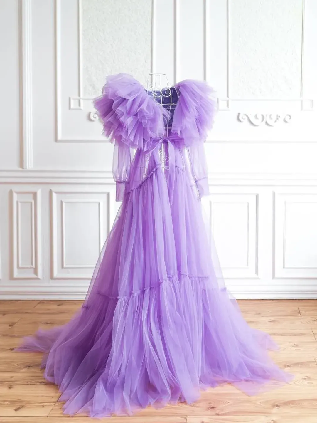 Lavender Tulle Maternity Robe for Photoshoot, Tiered Photoshoot Robe, Sheer Pregnancy Robe,  Robe for Photoshoot, Boudoir Robe Dress