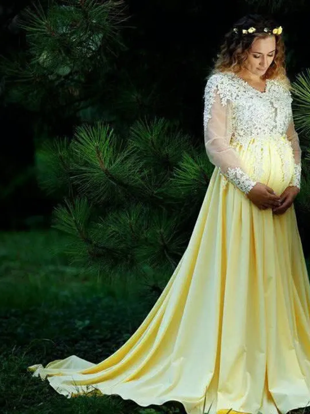 green emerald velvet dress Lace Maternity Dress Xs / Sand main image 0