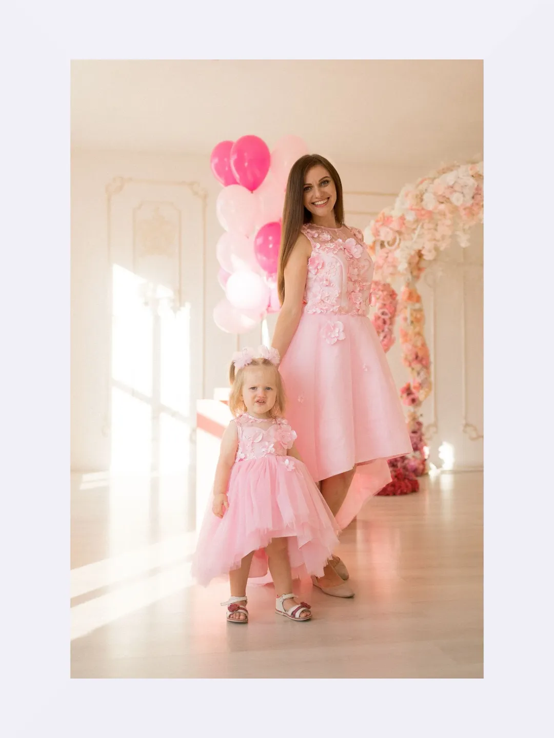 Pink mommy and me high low formal matching dresses for wedding guest or junior bridesmaid