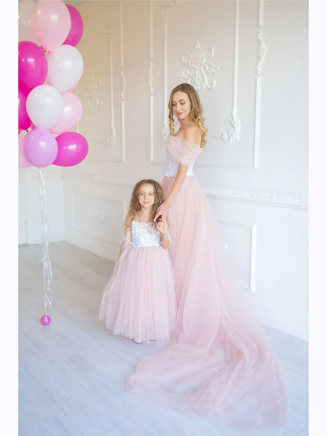 Pink Wedding Dress, Blush Tulle Gowns Photoshoot, Matching Mommy And Me Outfit, Tulle Maternity Dresses, Mother Daughter Matching Gown