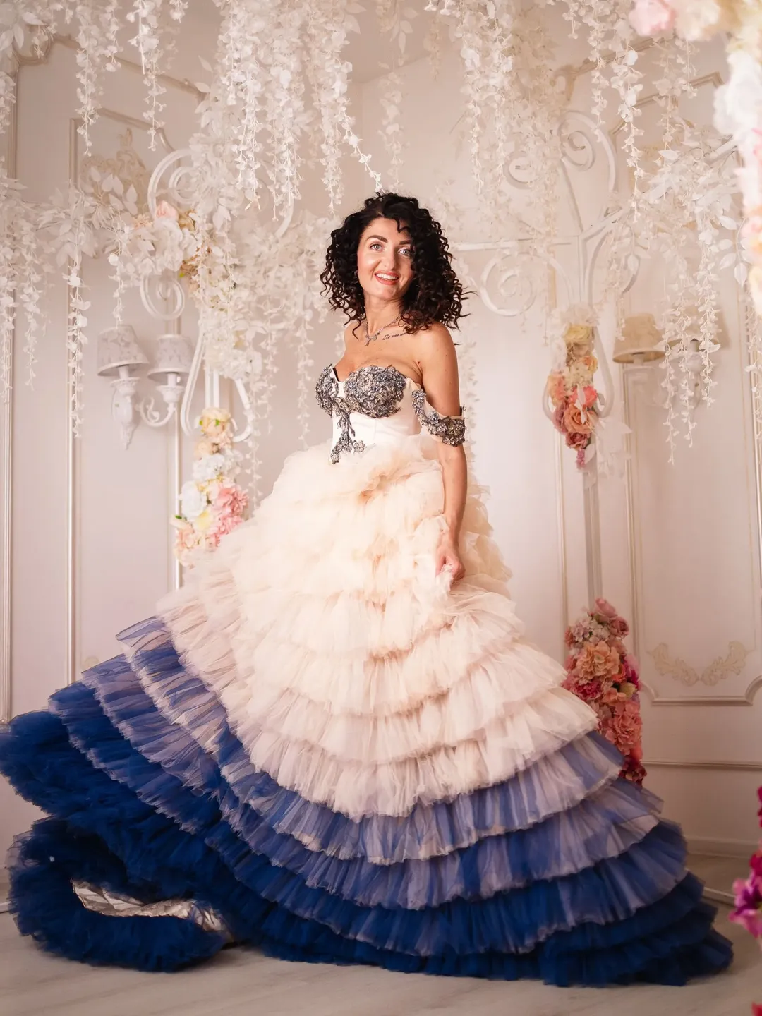 Tulle Tiered Wedding Dress, Couture Tulle Gown, Champagne and Blue Wedding Dress, Layered Dress, Engagement Photoshoot Dress, Prom Dress