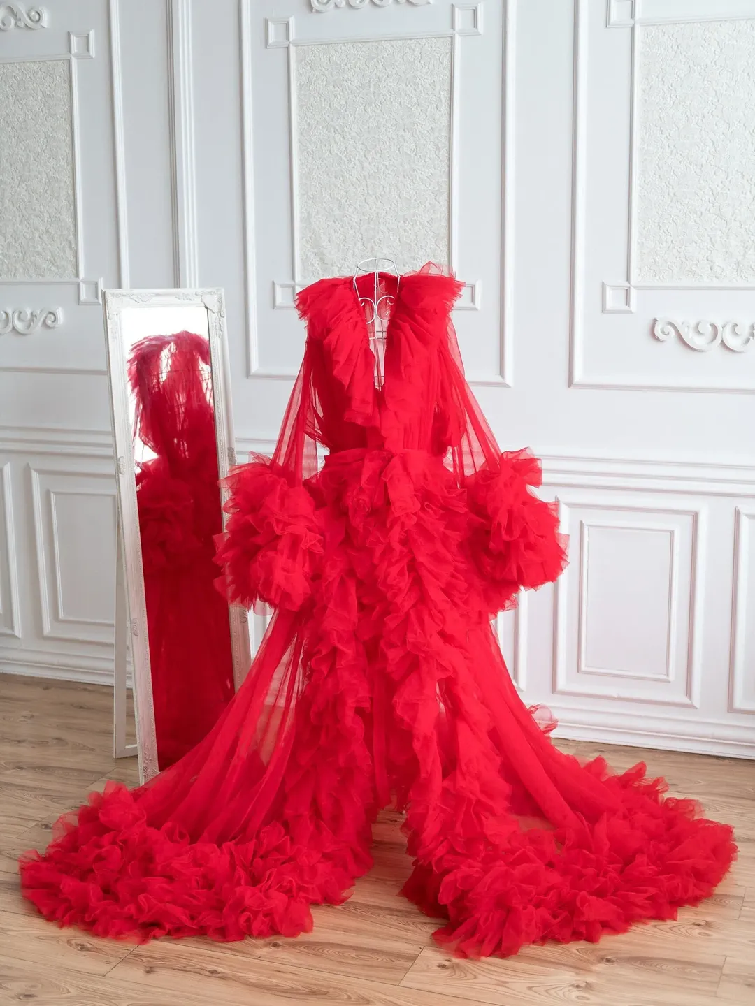 Shop Red Boudoir Dress For Photoshoot, Old Hollywood Robe, Ruffle Tulle Widow Robe, Photography Bridal Shower Gown, Maternity Photoshoot, Luxury -
