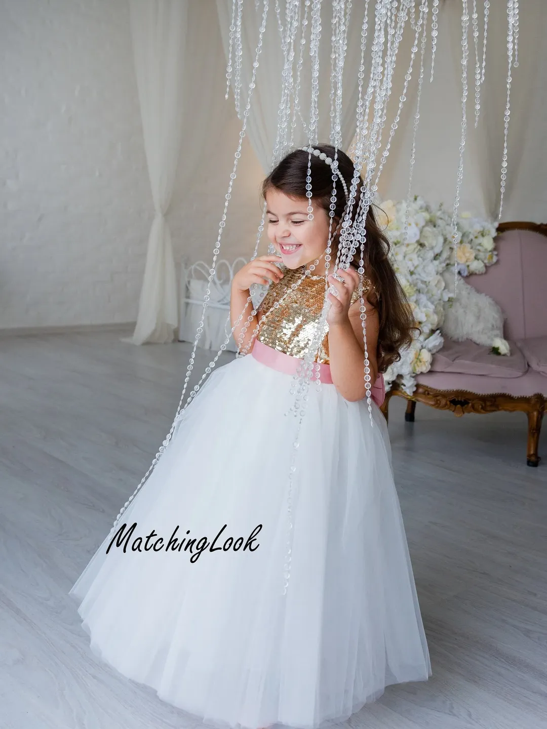 Gold And Ivory Dress, Sequin Girl Dress, Christening Gown, Flower Girl Dress, Tutu Tulle Dress, Birthday Girl Outfit,Junior Bridesmaid Dress