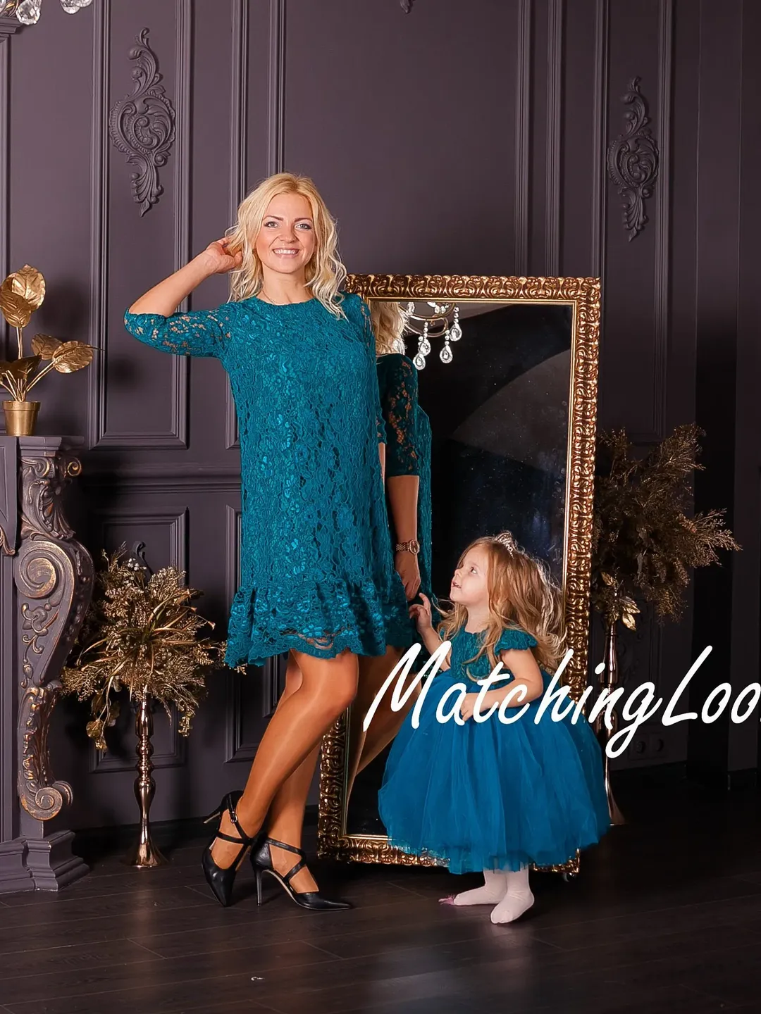 Mommy And Me Outfit, Mother Daughter Dresses, Lace Matching Dresses, Petrol Green Dresses, Matching Photoshoot Dresses, Photo Props Dress