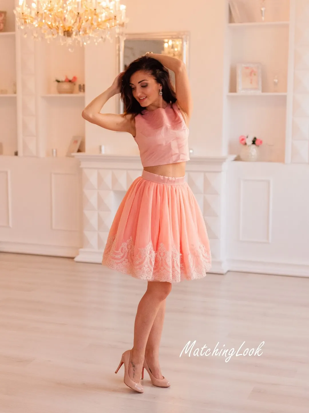 Tulle Cocktail Outfit, Set of 2, Pink Skirt and Top, Bridesmaid Separates, Summer Outfit, High Waist Dress, Pink Crop Top, Birthday Outfit