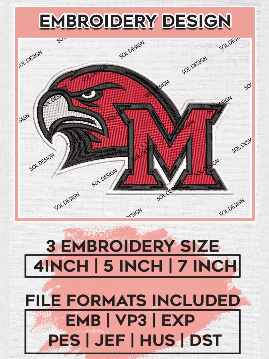 NCAA Miami OH RedHawks Team Head Logo Embroidery Design Files