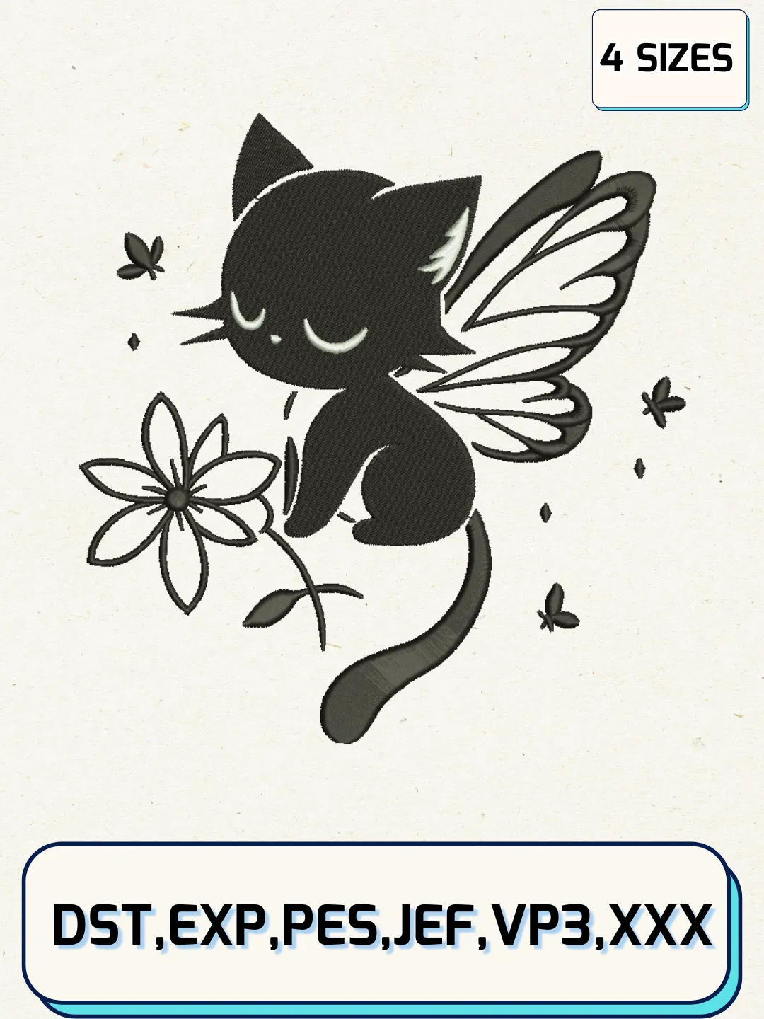Cat butterfly Embroidery Design Files, Animal Logos Embroidery Designs, Machine Embroidery Files, 4 Sizes