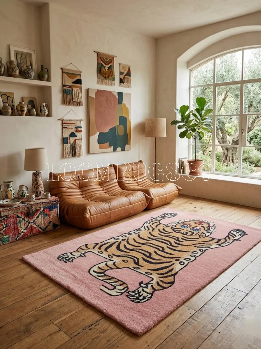 Pink Tibetan Tiger Hand tufted Wool Rug, Modern Style Area Rug