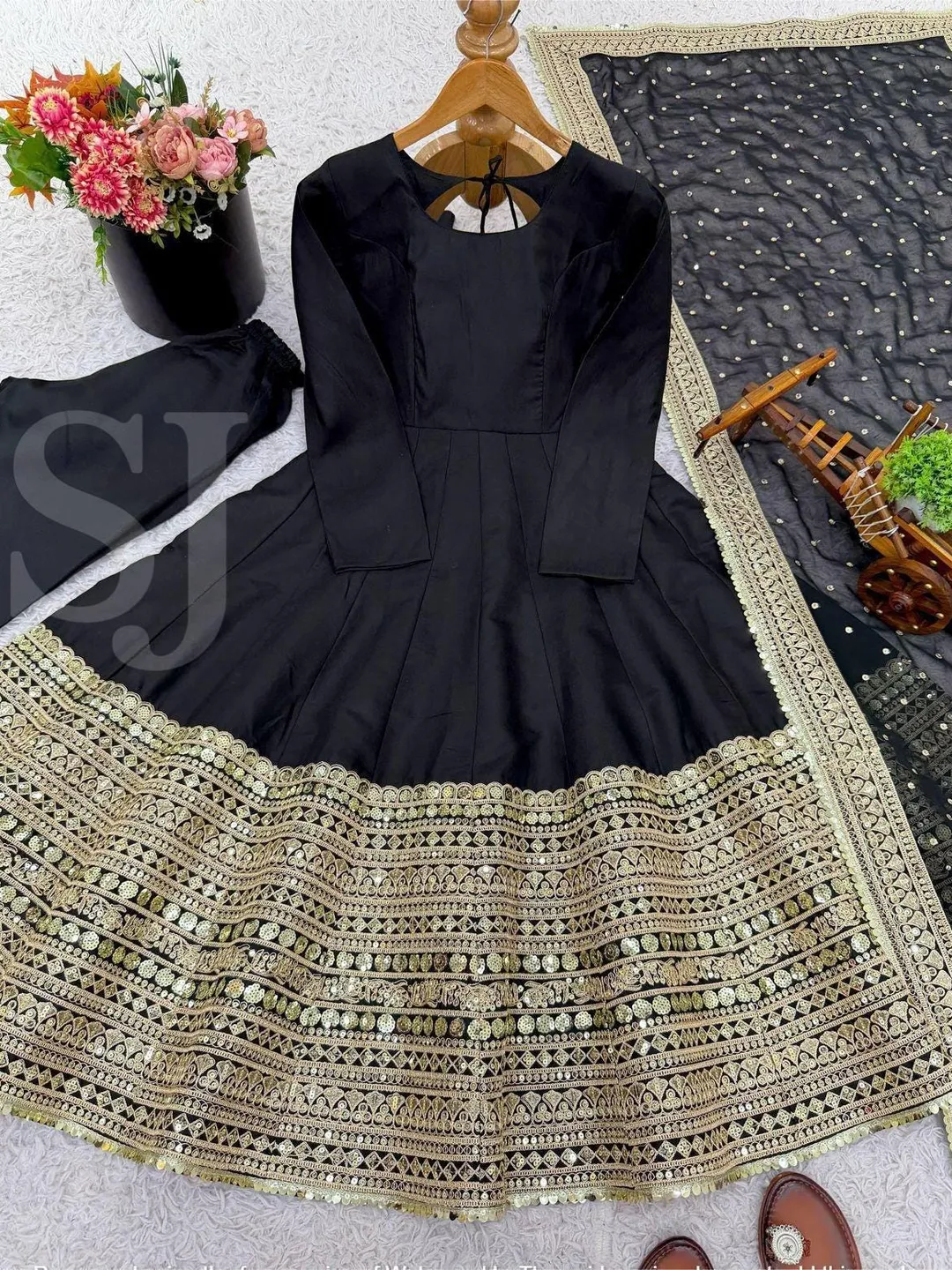 anarkali dress for festival Aqua Blue Floral Print Organza Three Piece Anarkali Suit M main image 0