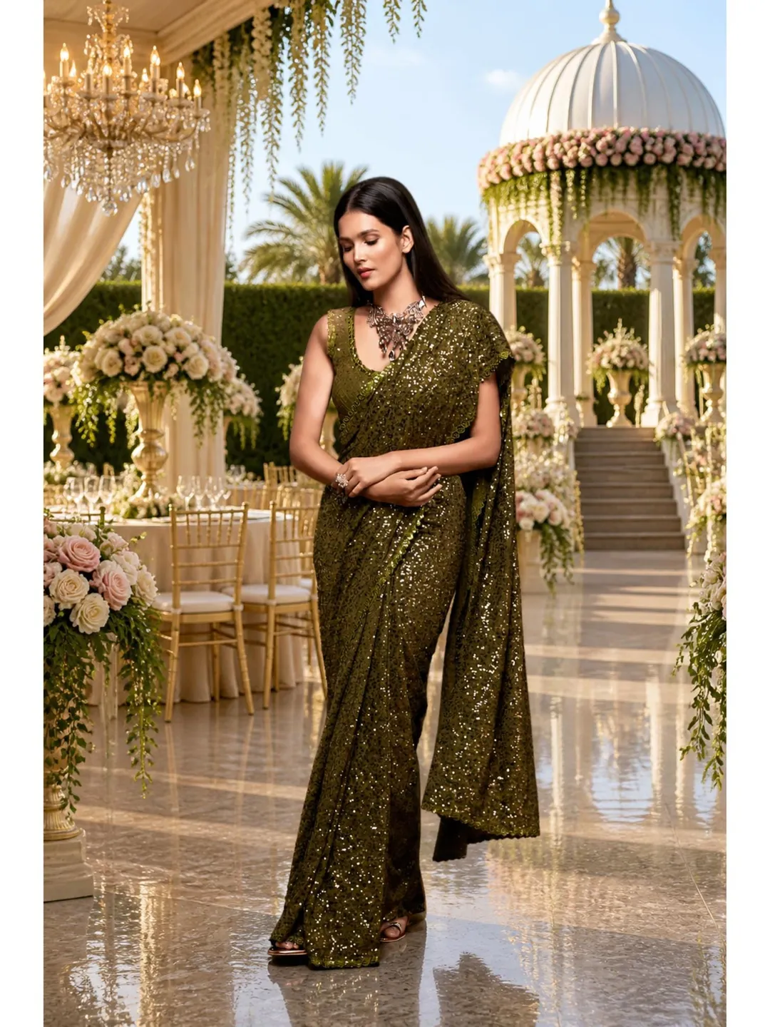 Olive Green Sequin Ready To Wear Saree For Women: Indian Wedding Party Wear