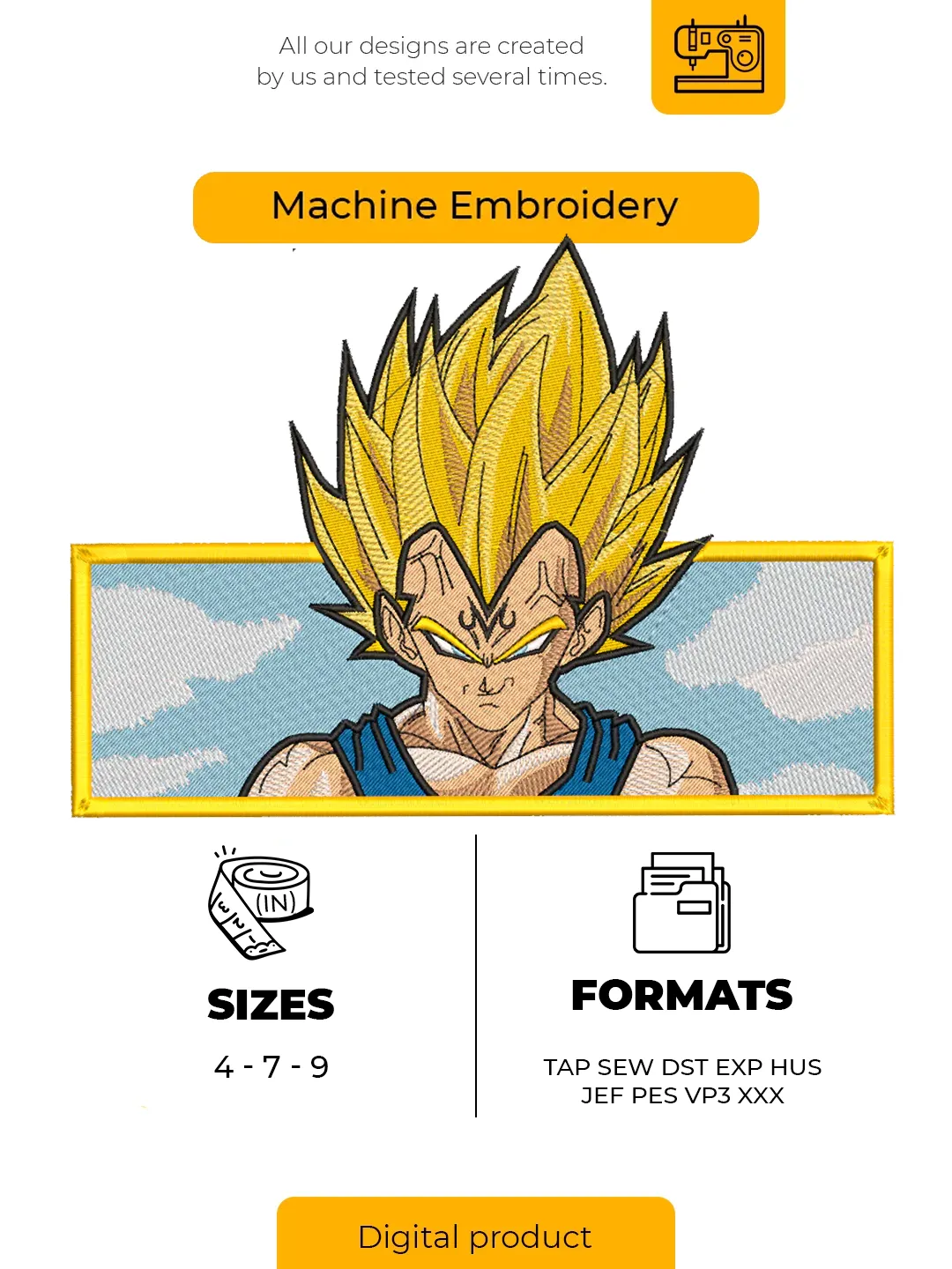Majin Saiyan Prince Super Form Embroidery Design – Anime Machine Embroidery File