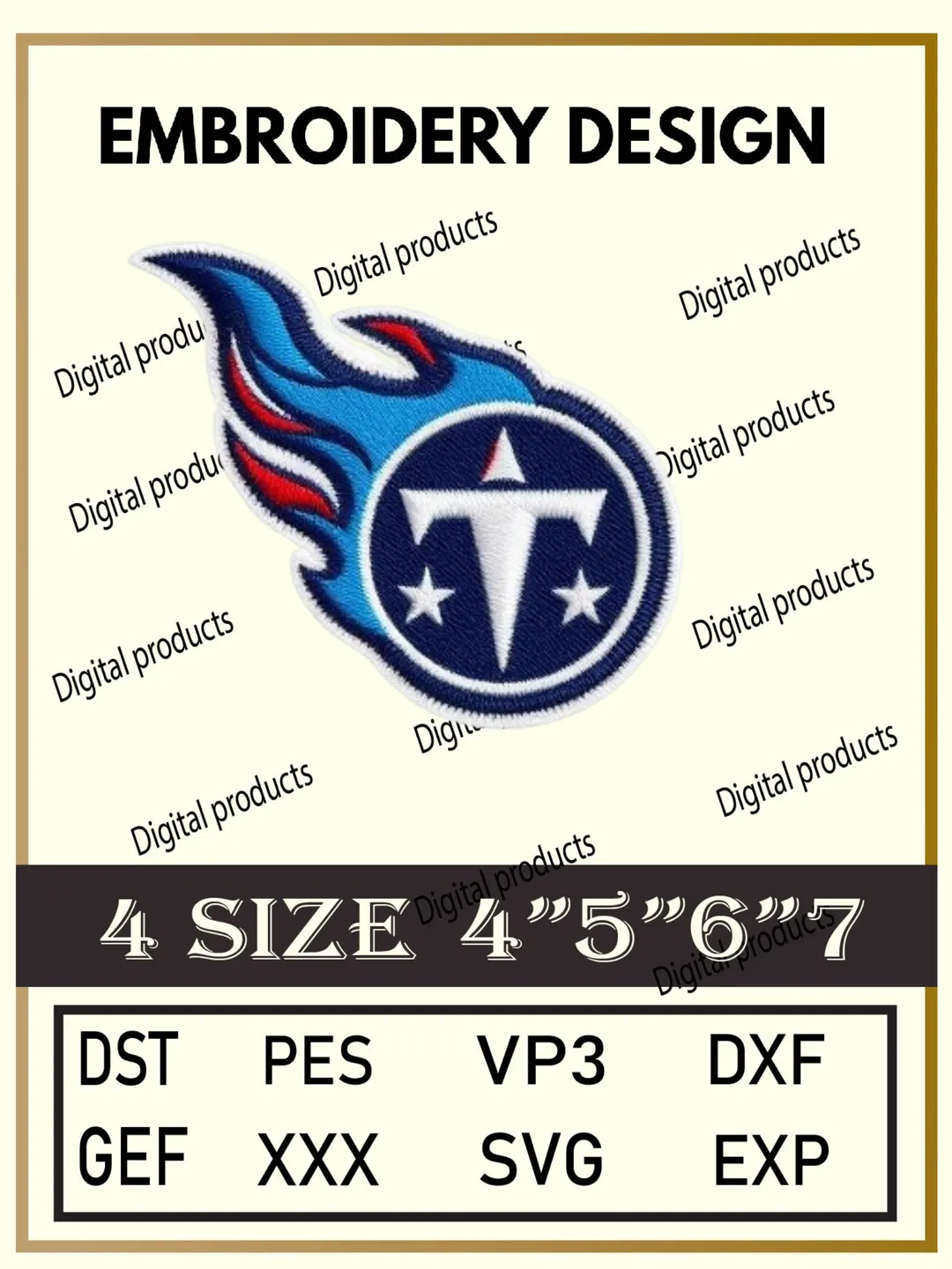 Tennessee Titans Embroidery Design Digital Logo Pattern with Stylized T and Flame Trail for Machine Embroidery Projects in Four Sizes with Multiple Compatible Formats Including DST, PES, VP3, DXF, GEF, XXX, SVG, EXP Download