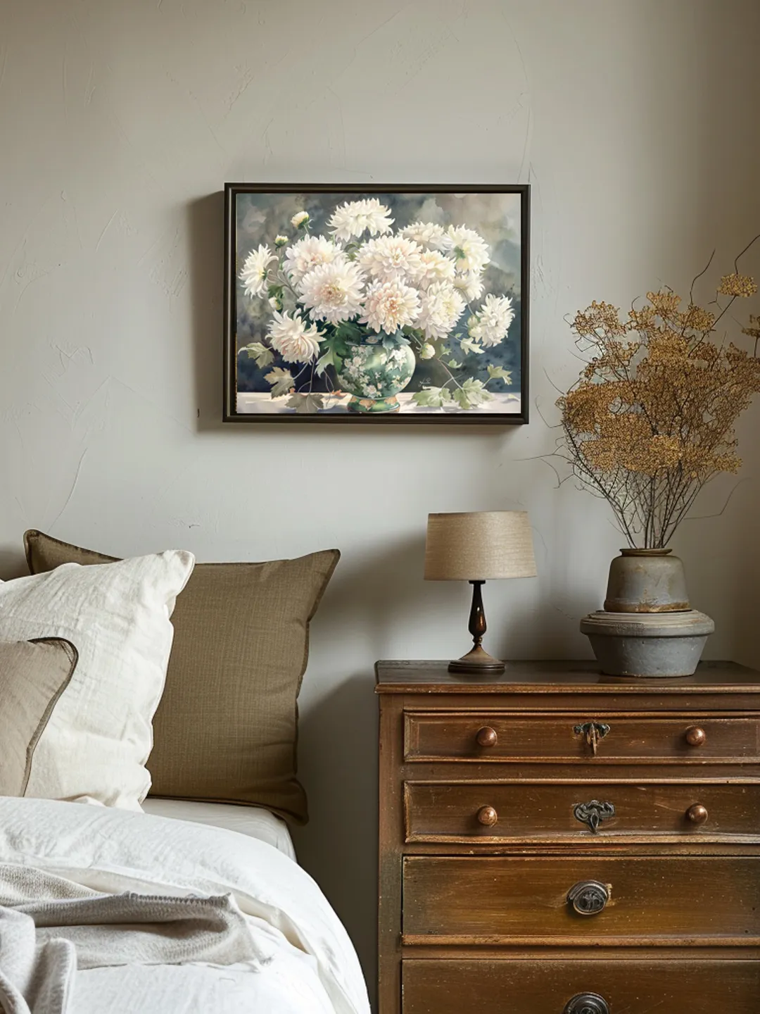 Bouquet of white chrysanthemum in a vase watercolor drawing, digital illustration, digital painting , wall art decoration. AI