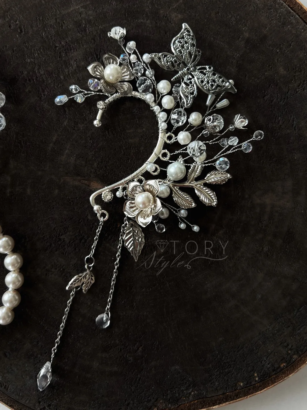 Ear cuff, Silver ear cuff,Butterfly earrings,Wedding ear cuff, Elven ear cuff, Bride earrings, Bride ear cuff, elf ear cuff, ear cuff no piercing