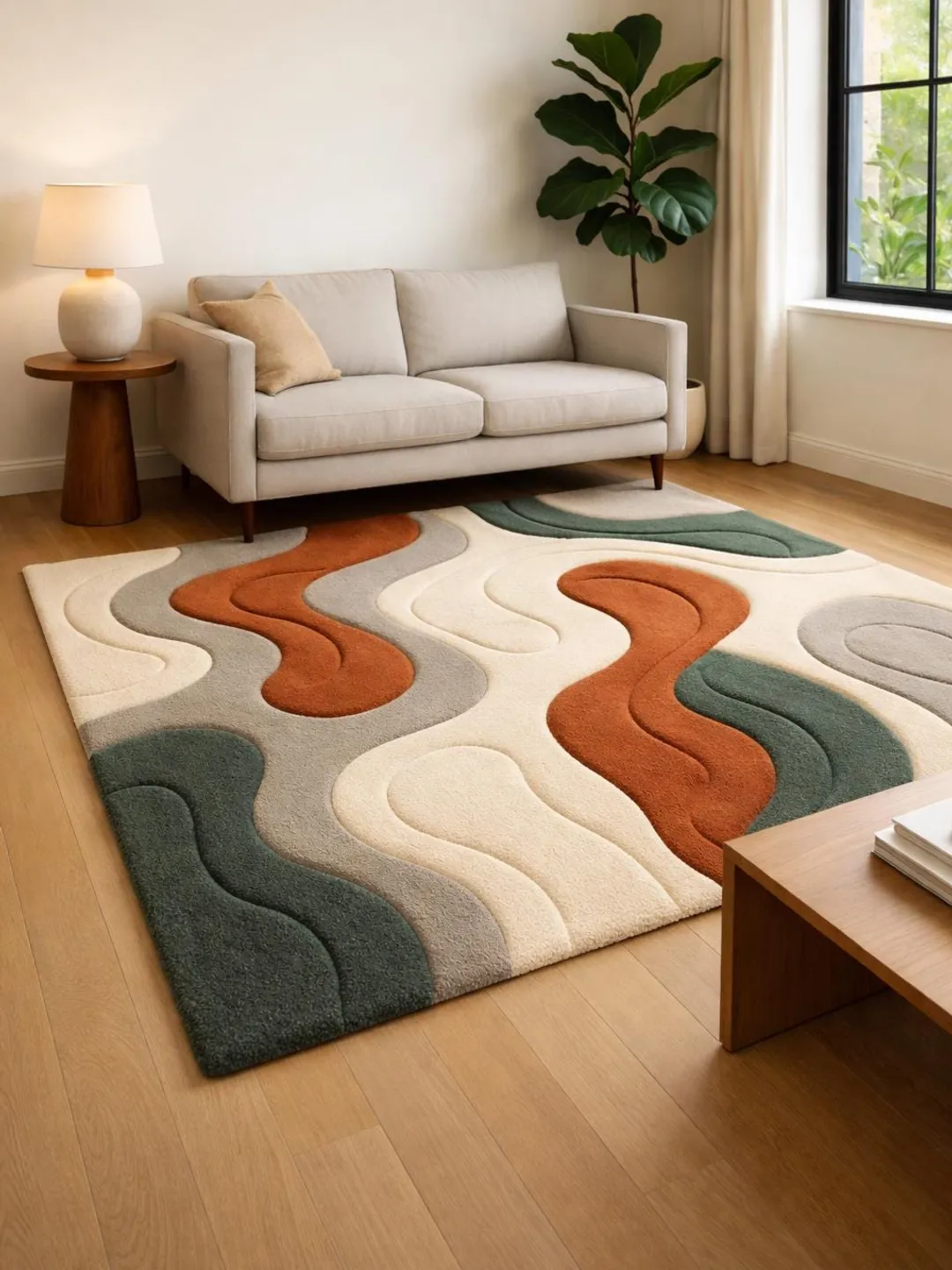 Hand-Tufted Abstract Wave Rug – Multicolor Green, Rust, Beige 3D ...