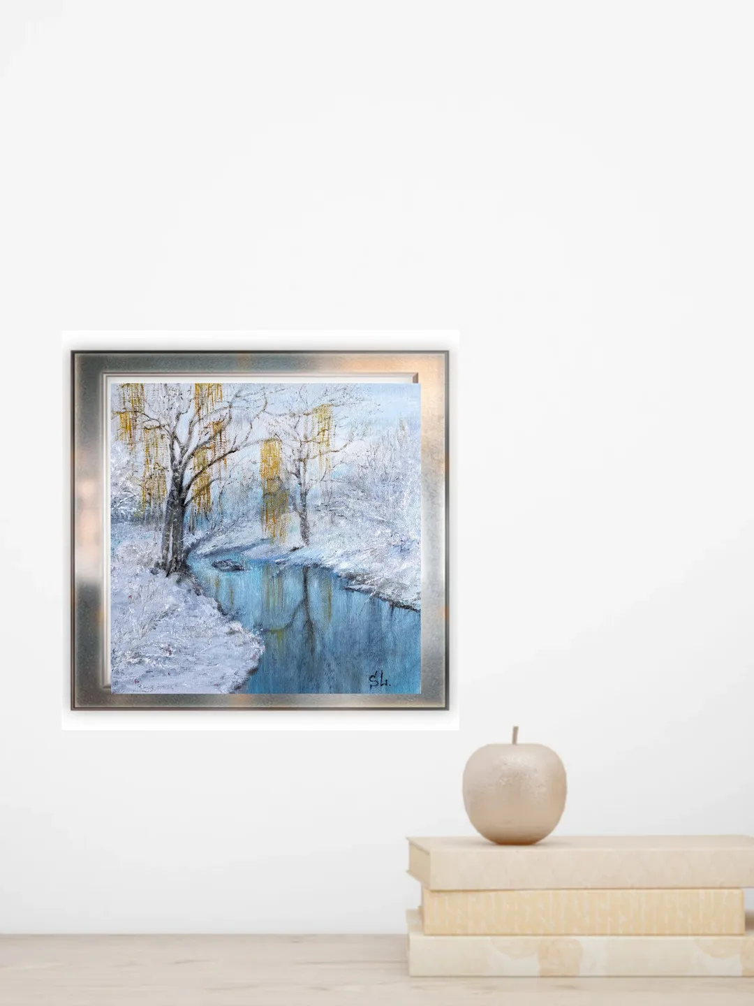 Painting Winter landscape with birches, Dawn River Reflection
canvas on cardboard 10x10 inches, oil paints