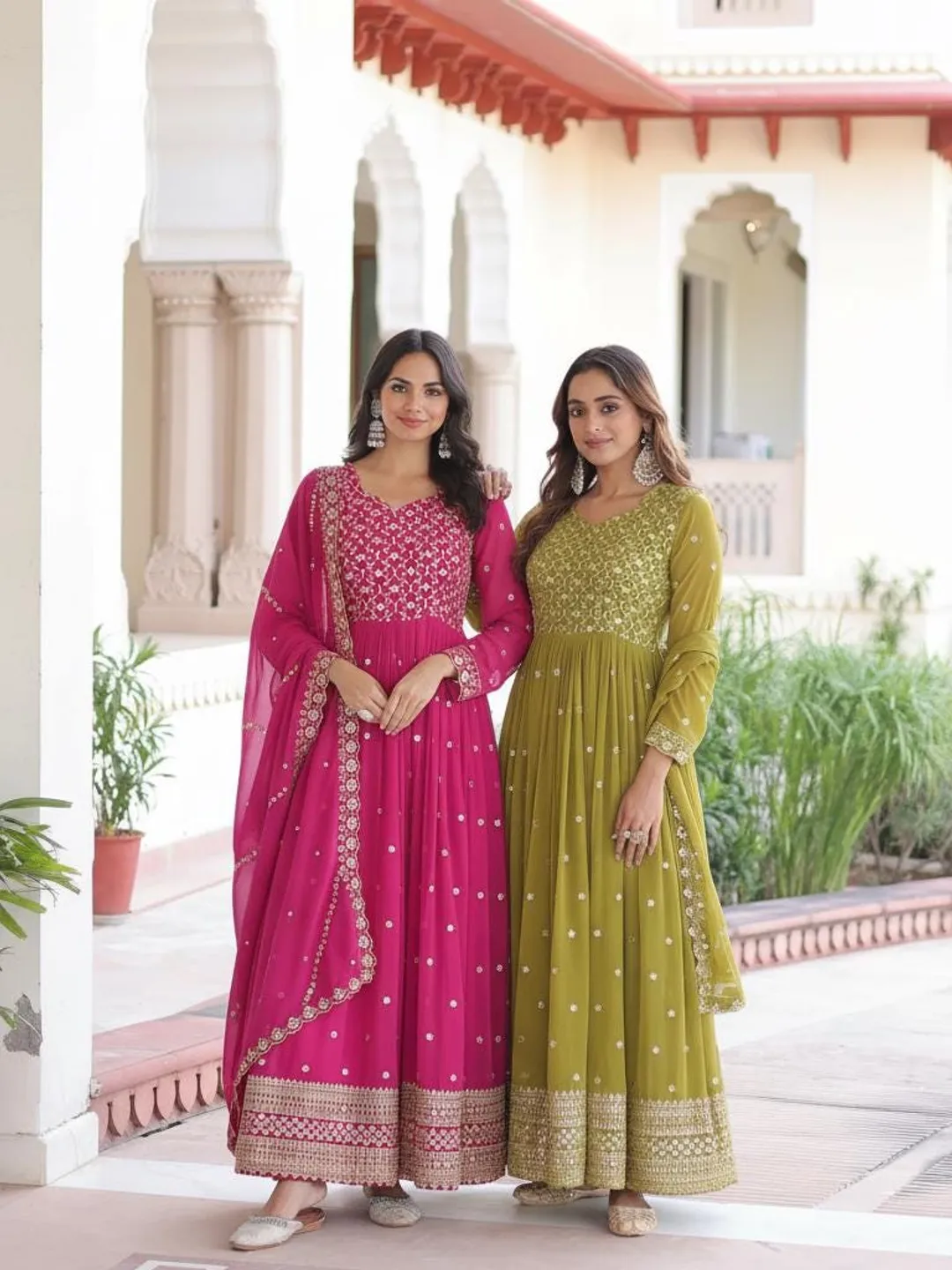 Embroidered Anarkali Gown with Dupatta | Rani Pink & Mehendi Green Party Wear Dress | Indian Wedding Outfit | Long Flared Gown Set Embroidered Anarkali Gown with Dupatta | Rani Pink & Mehendi Green Party Wear Dress | Indian Wedding Outfit | Long Flared Gown Set