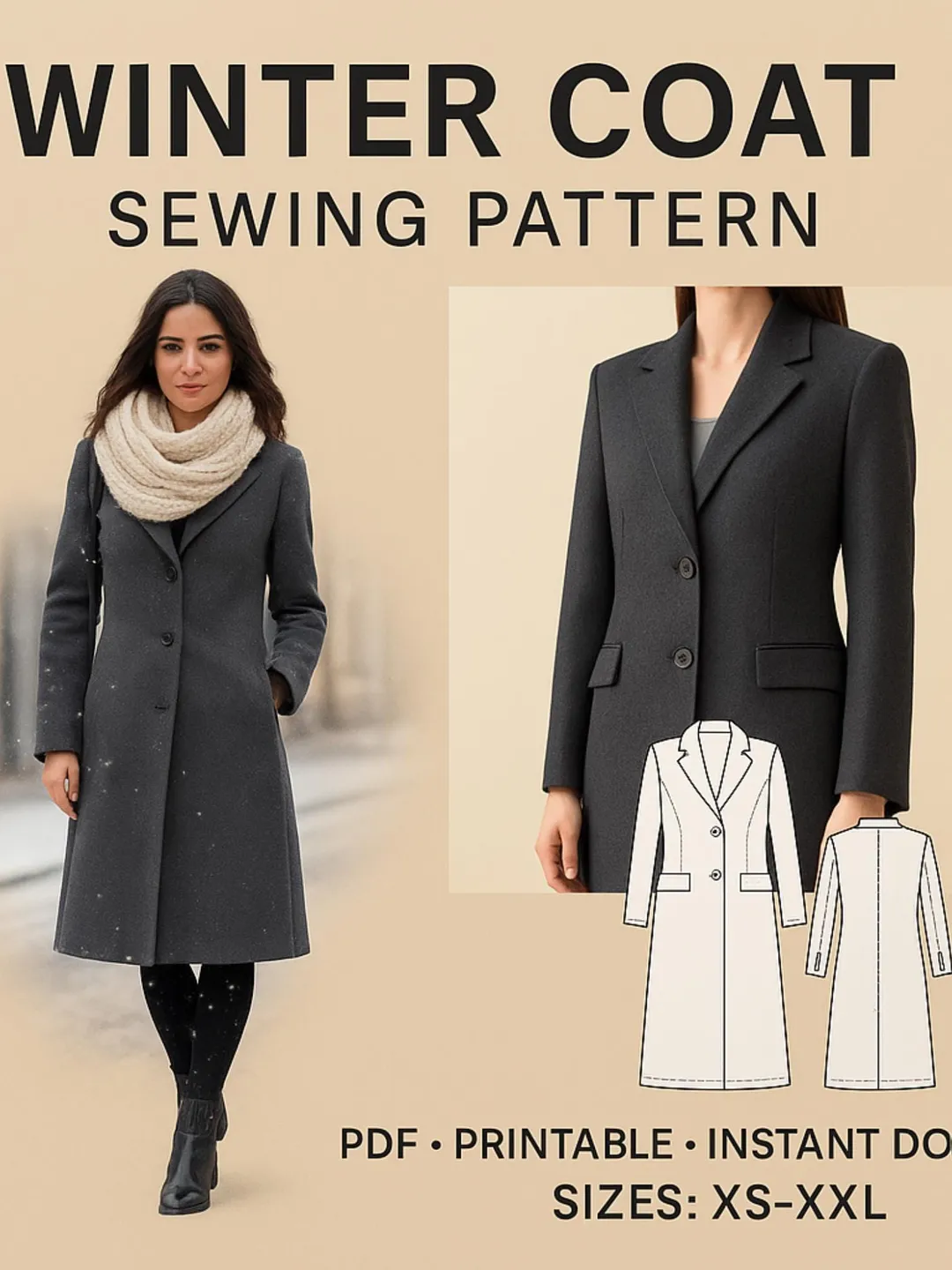 Long Coat Sewing Pattern PDF – Women’s Overcoat Pattern – Winter Coat ...